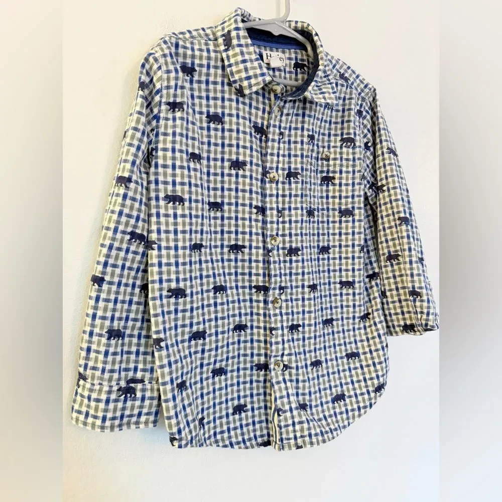 Hatley Boys Gingham Button Down with Bears - Size 7